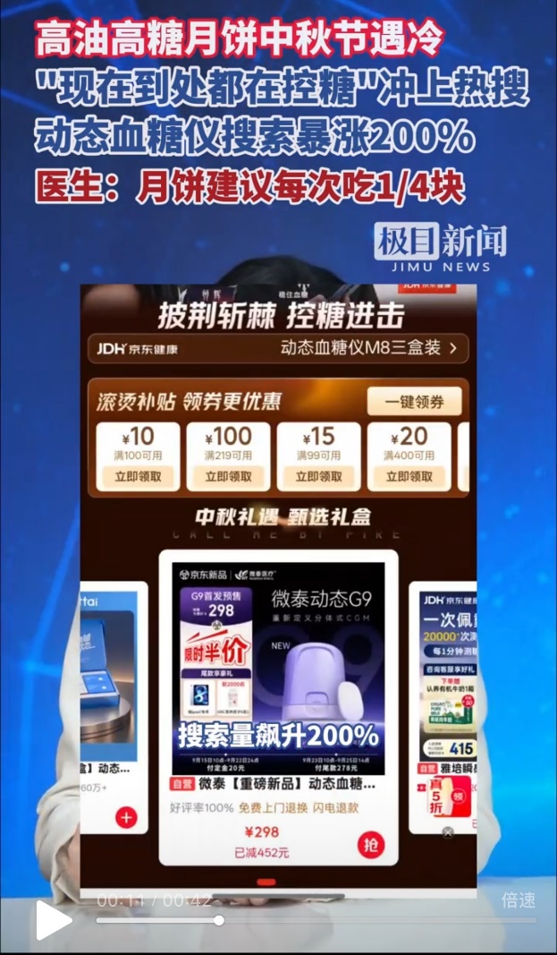 控糖成为中秋健康消费关键词：高糖月饼遇冷京东健康动态血糖仪搜索量同比飙升200%(图1)